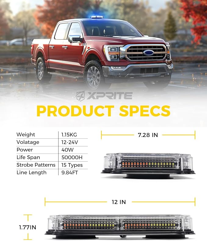 Xprite 108 LED Roof Top Strobe Light, US Flag Pattern Police Flashing Light, Emergency Hazard Warning LED Mini Strobe Lightbar w/Magnetic Base for Police Firefighter EMS Vehicles Trucks, Blue White