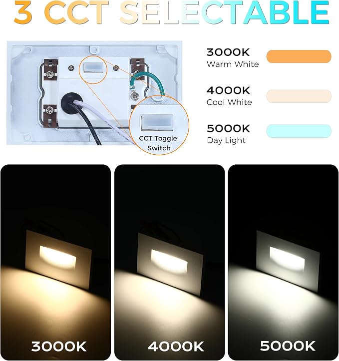 CLOUDY BAY Dimmable Upgraded 3 Color 120V LED Indoor Outdoor Step Lights,3000K/4000K/5000K 3W 100lm,Stair Light,White,6 Pack