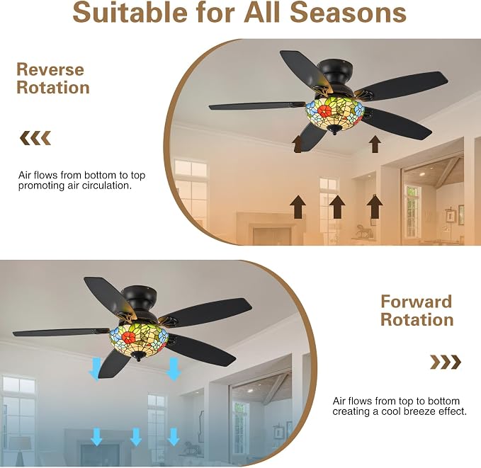Tiffany Ceiling Fans with Lights-48"Ceiling Fan Chandelier and Glass Shade | 48" Ceiling Fan Chandelier with 5 Dual-Blades and Glass Shade, 6 Speeds and Reversible, Indoor and Outdoor, Retro Style