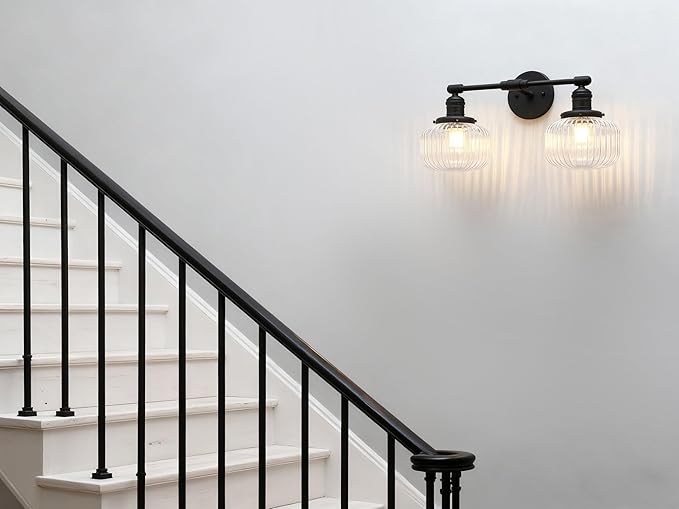 Phansthy Vintage Hardwired Sconces Wall Lighting, Bathroom Vanity Light Fixtures Antique Brass, Modern Wall Light with Clear Striped Glass Shade for Bedroom Fireplace Hallway (Black, Two-Light)