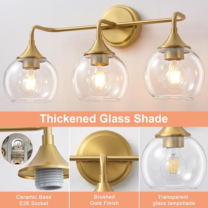 Gold Bathroom Light Fixtures 3-Light Farmhouse Vanity Light 22" | Modern Vanity Lighting Fixtures Over Mirror, Thickened Clear Glass Shade, UL E26 Dimmable