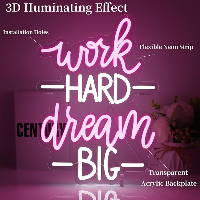 Work Hard Dream Big Neon Sign Led Neon Lights Neon Signs for Wall Decor Light Up Sign for Birthday Party Club Gift