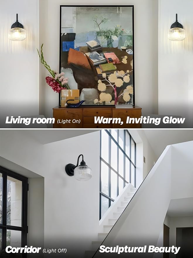 Black Wall Sconce Farmhouse Bathroom Vanity Light,Clear Glass | Bathroom Light Fixtures,Hardwired Indoor,Hand-Blown Thick Glass,for Bathroom Mirror Kitchen,E26 Socket