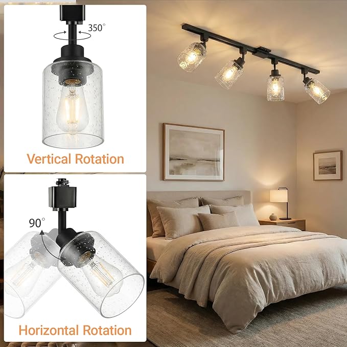 LOUSACE 4-Pack H Track Lighting Heads, Black Track Lighting Fixtures Ceiling with Seeded Glass Shade, H Type Track Lighting Replacement Heads E26 Spotlight for Accent Retail Kitchen Island Lighting