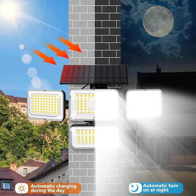 Solar Lights Outdoor Waterproof, 288 LED 2800LM Motion Sensor Outdoor Lights with Remote Control, 4 Head Solar Flood Lights Outdoor for Patio, Garage, Yard, Wall, IP65 Security Lights 2 Pack