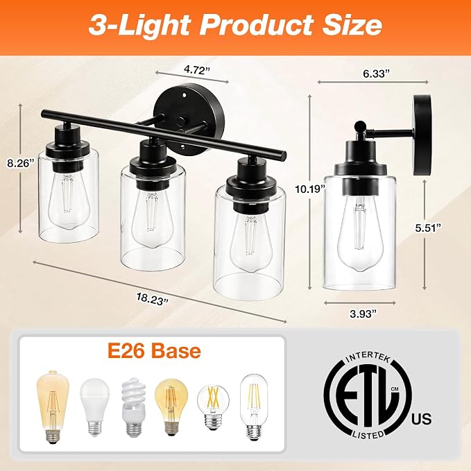 LEDVANCE Sylvania 18.23" Modern Bathroom Light Fixture with 3 Clear Glass Shades, Iron with Black Finish, E26 Medium Base, Vanity Lights for Bathrooms, Foyers, Entryways - 1 Pack (67904)