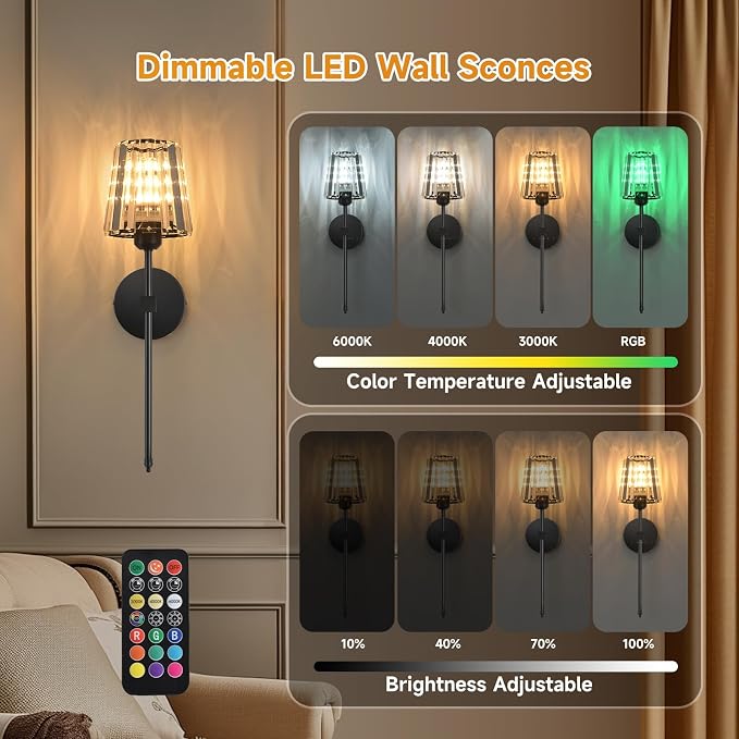 Battery Operated Crystal Wall Sconces Set of 2, Black Wireless Wall Sconce with USB Rechargeable LED Light Bulbs 12 Colors Dimmable Crystal Wall Lamp with Remote for Bedroom Living Room Bulbs Included