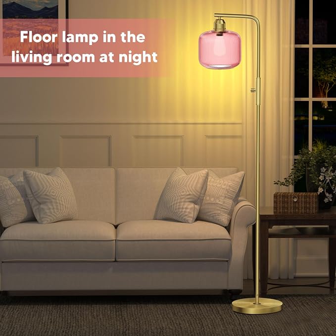 66" Dimmable Gold Standing Lamp with Pink Ribbed Glass for Living Room | Vintage Floor Lamp with Brushed Gold, Stepless Rotary Switch and 3000K LED Bulb, Arc Floor Lamp for Bedroom & Study Room