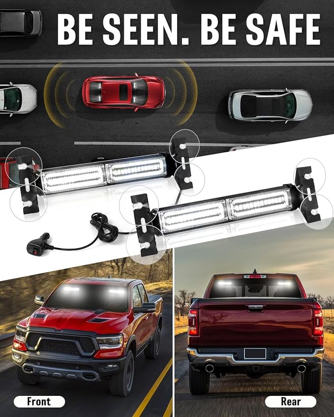 HLauto 1002L Emergency Strobe Traffic Advisor Light Bar: 40 LED Dash Safety Warning Flashing Light, Front/Rear Windshield Visor Lights for Construction Vehicle, Tow/Plow Truck (2x10.7inch, White)