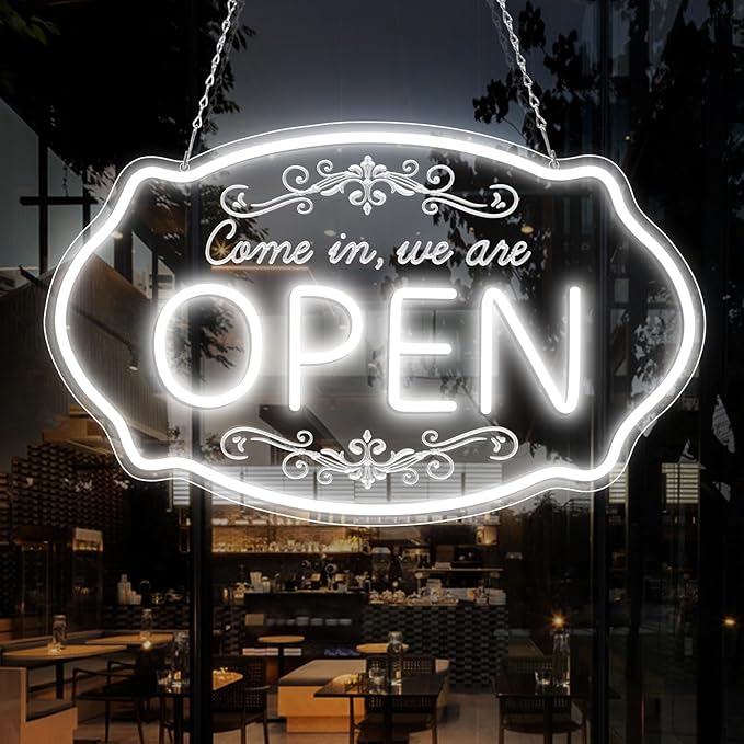 LED Neon Open Sign for Business, 16.5x10'' Come in We’re Open Sign, Daylight White Adjustable Brightness Neon Lights for Party, Bar, Salon, Stores, Hotel, Wall Decor, Clubs, Hotels