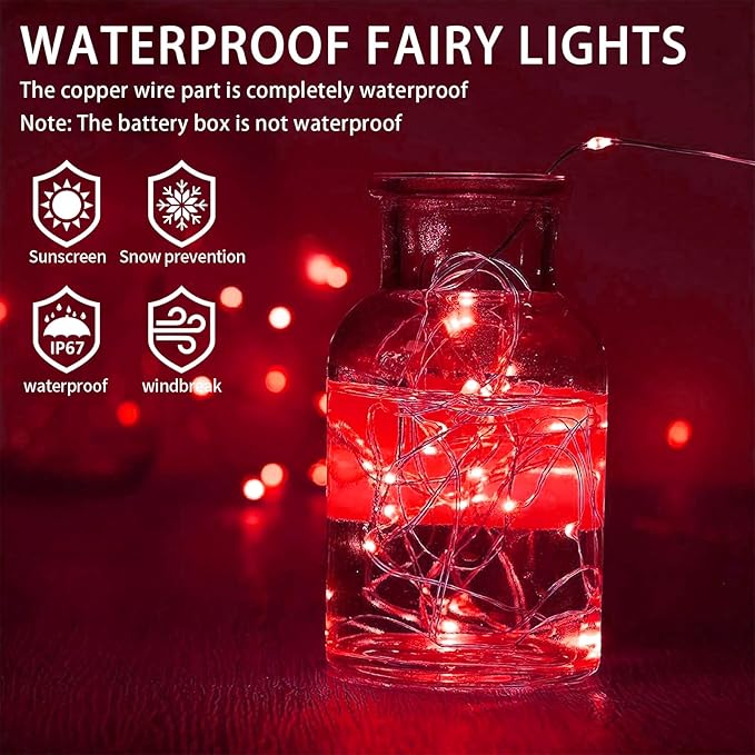 50 Pack Red Fairy Lights Battery Operated, 7ft 20 LED Mini String Twinkle Lights for Valentine's Day Easter Christmas Halloween Mason Jars Centerpiece Table Decorations (50, Red)