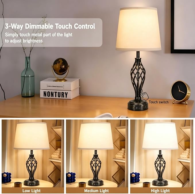 Ruiever Touch Table Lamps Set of 2, nightstand lamp with USB Ports Bedside 3 Way Touch dimmer Desk lamp for Living Room Bedroom,Gold and Black Brushed Spiral Cage Warm White Dimmer LED Bulb Included.