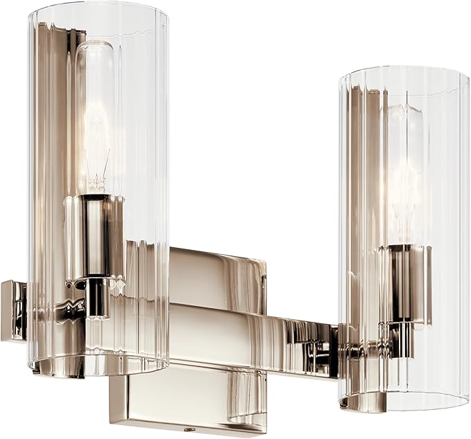 Kichler Jemsa 2 Light Vanity, Modern Light with Clear Fluted Glass in Polished Nickel for Bathroom or Powder Room (9.75" x 13.75"), 55167PN