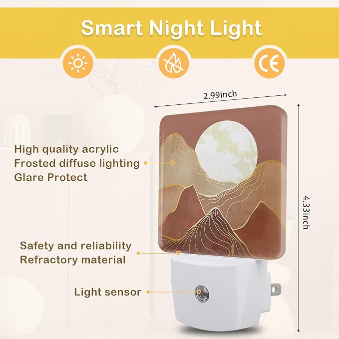 Abstract Mountains Sun Night Light, Plug-in Wall Led Night Lights Decor for Boys Girls Room Decor,Nightlights with Light sensors 0.5W