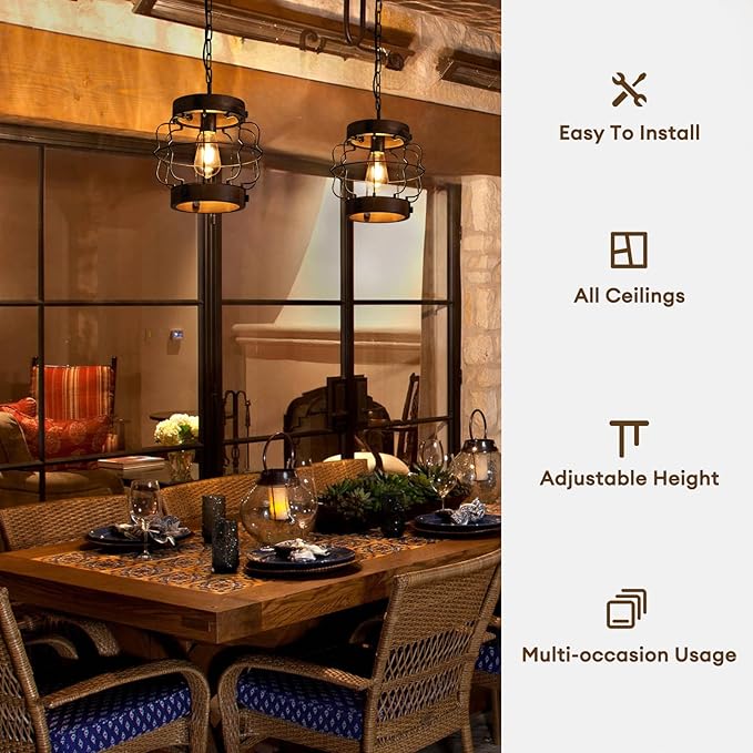 Rustic Pendant Light Fixtures, Farmhouse Chandelier, Vintage Industrial Metal and Wood Chandelier Hanging Pendant Light for Kitchen Island Foyer Hallway Bar Dining Room, D 10.2" x H 10.2"