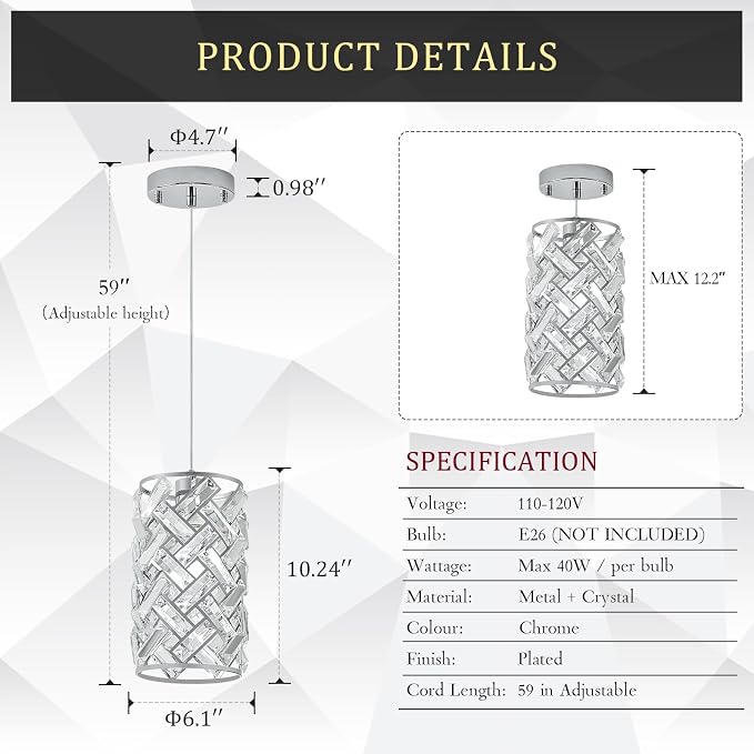 Chrome Crystal Pendant Light, Mini Kitchen Island Hanging Light, E26 | Chrome crystal pendant light with adjustable cord, E26 socket, dimmable, ideal for kitchen islands, dining rooms and bedrooms
