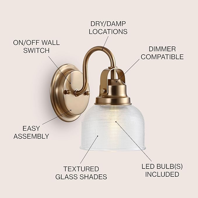 JONATHAN Y 5.75" Brass Gold Modern Bathroom Vanity Light, 1-Light LED Wall Sconce, Clear Glass Bell Shade for Mirror Hallway Kitchen, ETL Listed, LED Bulb Included (JYL7407B)