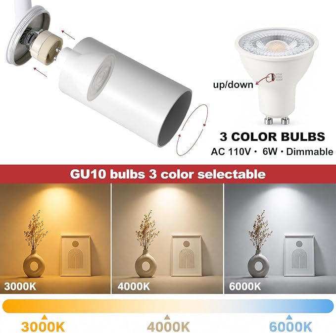 3-Color Plug in Track Lighting Dimmable with Power Cord, 4-Light Track Lighting Kit with 3.3FT H Type Track Lighting Rails, Modern Kitchen LED Track Lighting Fixtures Ceiling Spot Light, White