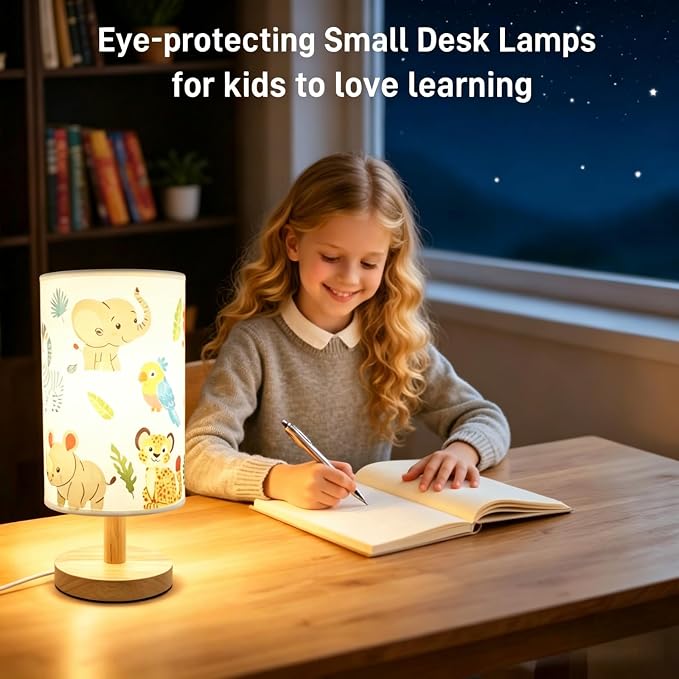 Kids Table Lamp-Night Light for Boys Room,3-Color LED Desk Lamp with Baby Elephant Zebra Giraffe Tiger Pattern Bedside Lamp Safari Animal Lampshade and Wood Base for Living Nursery Child Room Study