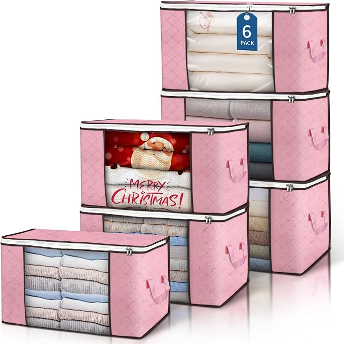 90L Large Storage Bags, 6 Pack Clothes Storage Bins Closet Organizers | Foldable Storage Containers, with Reinforced Handle, for Clothing, Blanket, Comforters, Bed Sheets, Pillows and Toys