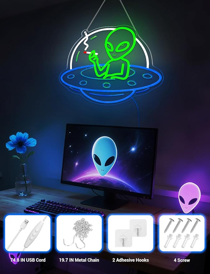 Alien Neon Signs for Wall Decor, UFO Neon LED Signs Light for Man Cave, USB Dimmable Alien LED Light for Bar Party Birthday Christmas Gift (UFO Alien)
