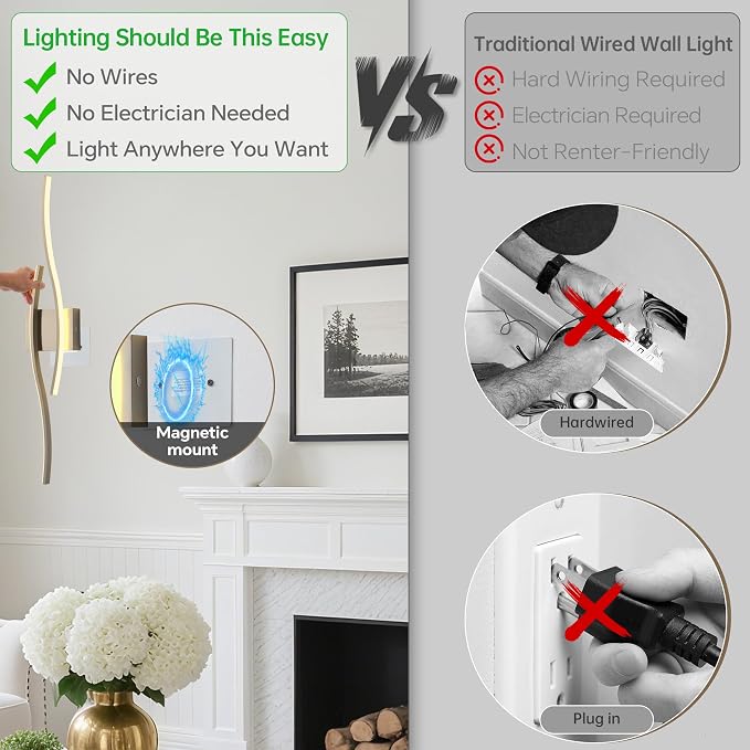 Battery Operated Wall Sconces Set of 2, Dimmable Modern LED Rechargeable Wall Light with Remote Control, Wall Decor for Living Room, Hallway, Quick Install, No Electrician Required 23.6 Inch