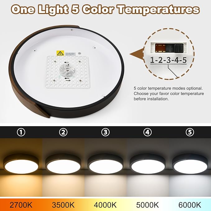 Modern LED Ceiling Light, Brown Walnut Wood Minimalist Flush Mount Ceiling Light Fixture, Dimmable Circle Lighting Lamp with Acrylic Lampshade for Bedroom Hallway Laundry 15.8"
