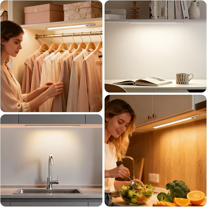 BLS 0.3" Ultra Thin Motion Sensor Under Cabinet Lights Plug in, 400LM 3 Color Dimmable LED Light Bar with Remote, USB Wired Under Counter Lighting for Kitchen Desk Shelf Workbench (No Battery), 17inch