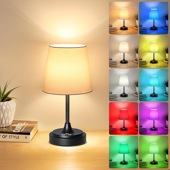 Wowag Small Cordless Table Lamp Rechargeable,5000mAh Battery Operated Desk Lamp,3 Colors & 7 RGB Stepless Dimmable,Touch Ambient Light for Bedside,Bedroom,Dining Room,Living Room,Black,WhiteShade