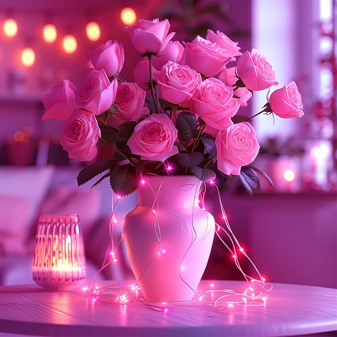 Pink Fairy Lights Plug in, 33Ft 100 LEDs Waterproof Silver Wire Firefly Valentine's Lights, Adaptor Included, Starry String Lights for Wedding Indoor Outdoor Patio Garden Valentine's Day Decoration