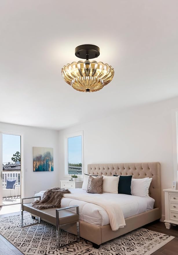 Semi Flush Mount Ceiling Light, Mini Vintage Black Close to Ceiling Light Fixture with Glass Shade, Modern Lighting for Bedroom Hallway Kitchen Laundry-Amber