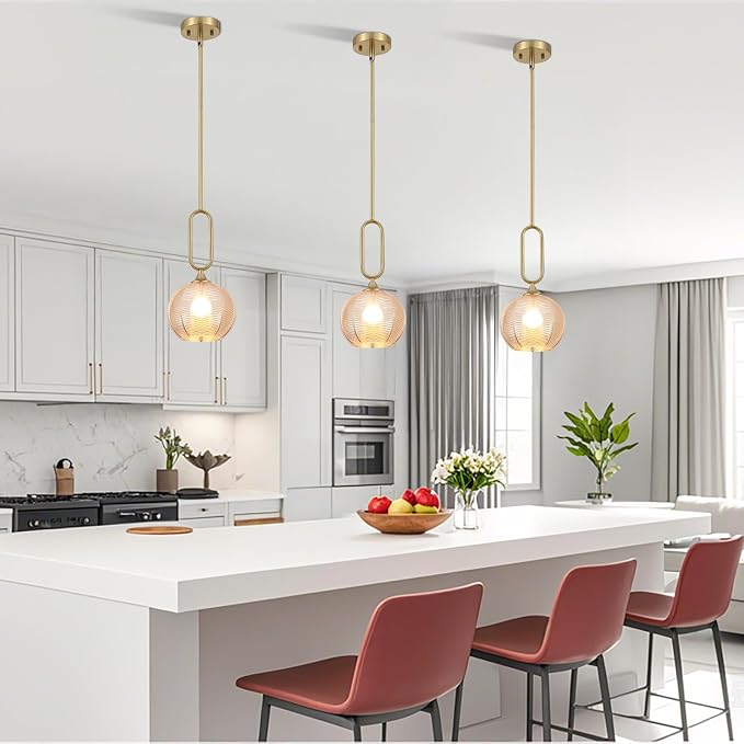 Amber Glass Pendant Light Modern Globe Pendant Lighting Nordic Ribbed Gold Ceiling Hanging Chandelier with Brushed Brass Adjustable Rods Dining Room Kitchen Island Light Fixture