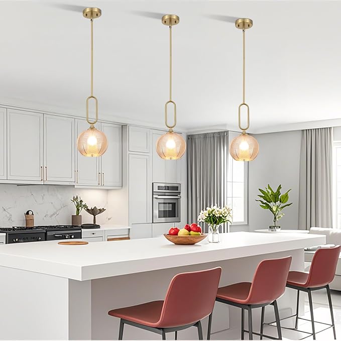 Amber Glass Pendant Light Set of 2 Modern Globe Pendant Lighting Nordic Ribbed Gold Ceiling Hanging Chandelier with Brushed Brass Adjustable Rods Dining Room Kitchen Island Light Fixture