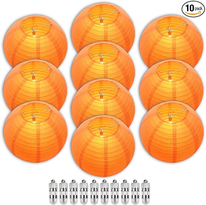 Orange Chinese Paper Lanterns with LED Lights, 10-Pack 12inch | Hanging Lights for Halloween, Fall Festival, Birthday Decorations, Ceiling Decor & Home Party