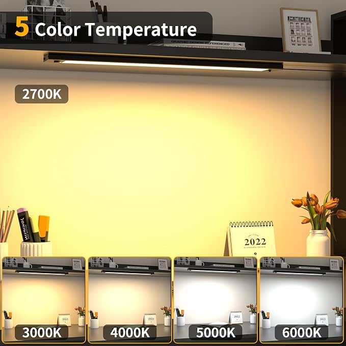 WOBANE 24 inch Under Cabinet Lighting, Dimmable Counter Lights for Kitchen | 5 Color Settings from 2700K-6000K,1200 LM Super Bright,Plug in LED Light Bar for Cupboard, Workbench, Shelf, Desk