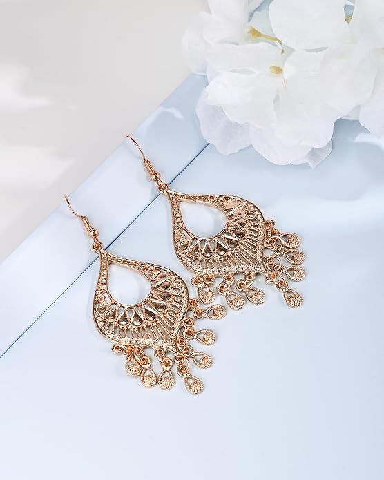 Silver 14K Gold & Rose Gold Plated Boho Chandelier Earrings – Intricate Bohemian Earrings with Filigree and Tassel Earrings for Women Trendy