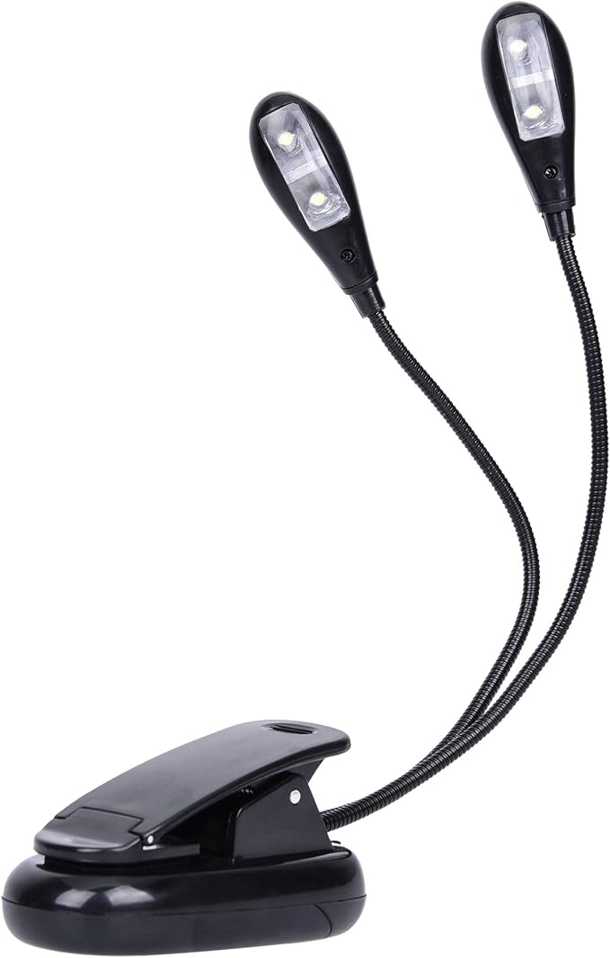 Music Stand Light, 1/2/4/10 Pack Clip on LED Book Lights, USB and AAA Battery Operated, Reading Lamp in Bed, 4 Brightness Levels, Ideal for Musician, Piano Player, Sheet Music, Travel (Dual Arm)