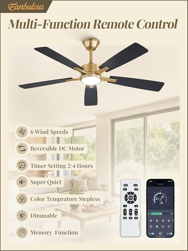 Fanbulous 52 Inch Black and Gold Ceiling Fan with Light, Remote & APP | Stepless CCT & Dimmable Light, 20W LED Ceiling Fan, 6 Speeds, Reversible Quiet DC Motor, for Bedroom, Living Room, Apartment