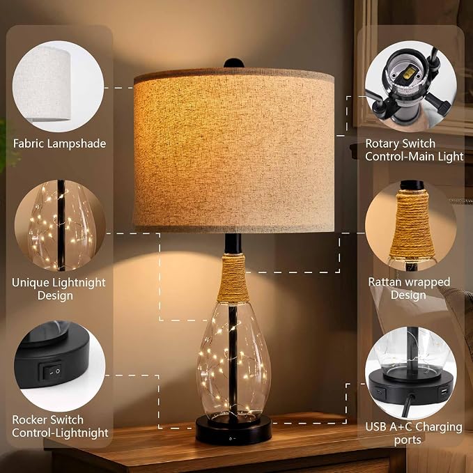 Bedside Table Lamp with USB, 23‘’ Black Modern Nightstand Lamps for Bedroom, Retro Rattan Table Lamps for Night Stands, Living Room, Farmhouse Table Lamp with Glass Nightlight Lamps