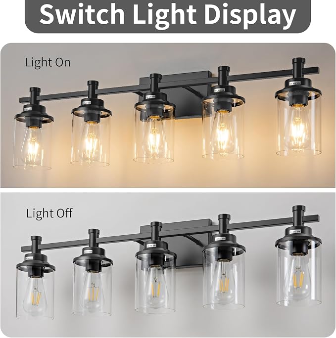 5-Light Black Bathroom Vanity Light, Modern Bathroom Light Fixtures Wall Sconces Over Mirror with Clear Glass Shade