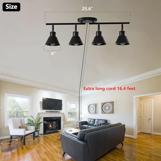 4 Light Plug in Track Lighting Kit,Modern Plug in Ceiling Light Fixture,16.4ft Cord,4 Way Ceiling Spot Lighting,Flexibly Rotatable Light Head (Black)