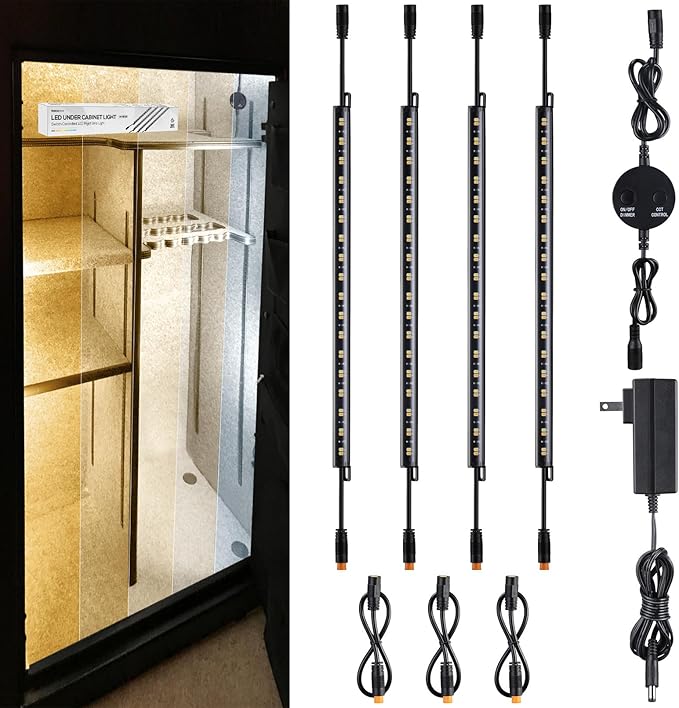 TORCHSTAR 4pcs 12 Inch LED Safe Lighting Kit, Rocker Switch, 5CCT | Dimmable, UL Power Adapter, Input 100-240V, Linkable Gun Safe Light Bars, 600LM, for Under Cabinet Locker Closet Showcase