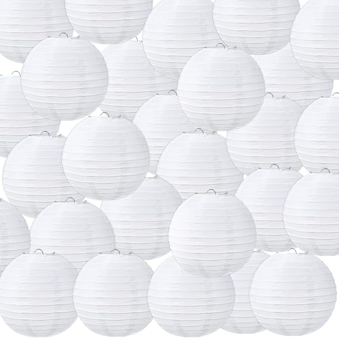 Treela 48 Pack White Chinese Japanese Paper Lanterns Decorative Hanging Ball Round Paper Lantern Lamps for Wedding Birthday Party Home Decorations (8 Inch)