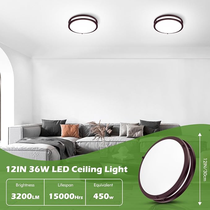 2-Pack 36W Dimmable LED Ceiling Lights, 12inch Oil Rubber Bronze Flush Mount Light Fixtures 3600LM 2700K/3000K/4000K/5000K/6500K Adjustable Ceiling Lights, Modern Lighting for Kitchen Hallway Bathroom