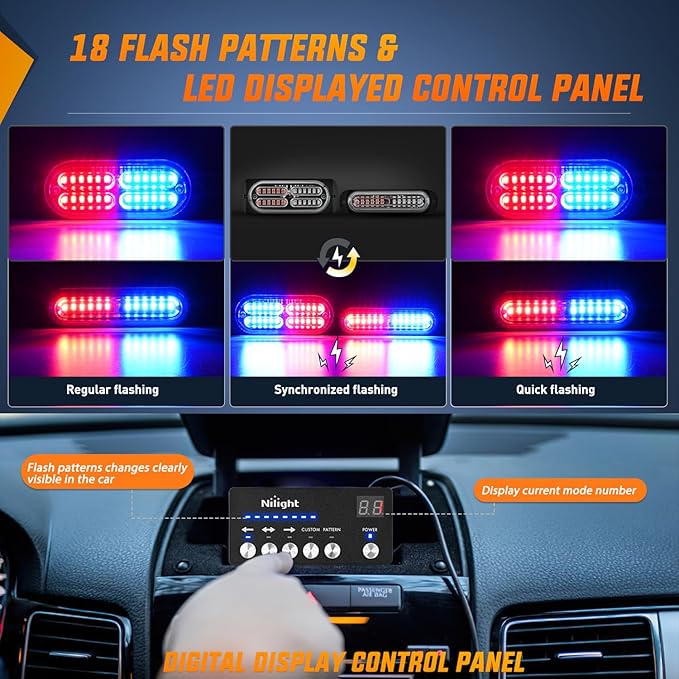 Nilight 8PCS Led Strobe Lights with Controller 12V 24V Sync Feature Red Blue Light 12 24 LED Surface Mount Emergency Hazard Warning for Vehicle Car Truck RV ATV