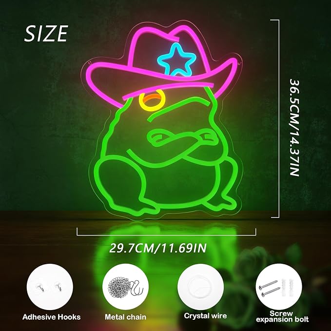 Cowboy Frog Neon Sign Green Toad LED Light Wall Decor for Man Cave Room | Dimmable Western Cowboy Toad Neon Sign Funny Decor for Frog and Toad Lover Gaming Room Bedroom Pub Bar Unique Gift Idea