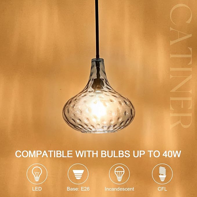 11" Hand-Blown Blue Glass Pendant Light, Modern Hammered Glass Hanging Light Fixture with Black Finish, Adjustable Ceiling Pendant Lighting for Kitchen Island, Dining Room, Living Room