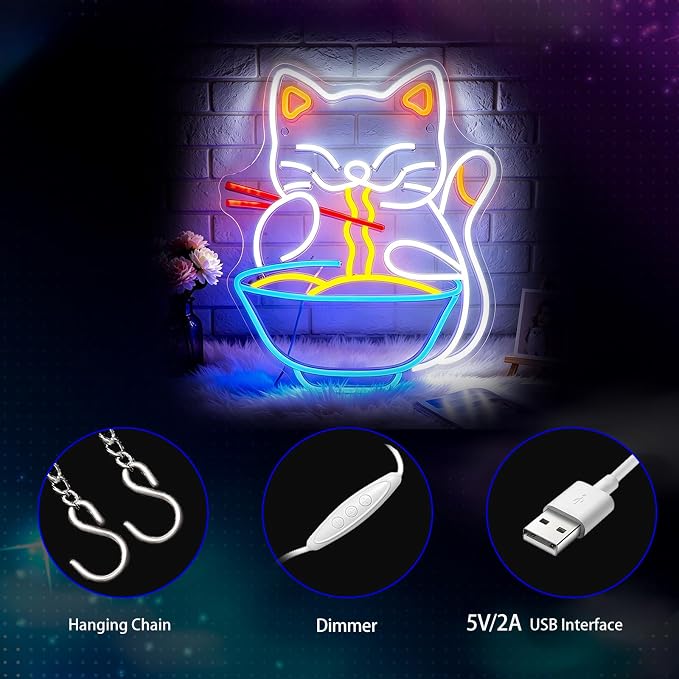 Neon Sign, Ramen Cat Neon Signs for Wall Decor LED Signs Neon Light | Cat Ramen Neon Sign, Dimmable Cat Noodle LED Sign for Bedroom, Kids Room, Restaurant, Kitchen, Home Decor, Gift, USB Powered