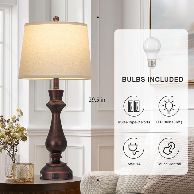 Vintage Table Lamp for Living Room,30" Tall Bedside Lamp with USB Charging Port,3-Way Dimmable Touch Nightstand Lamp for Bedroom Desk Side Table Office,Brown-1P