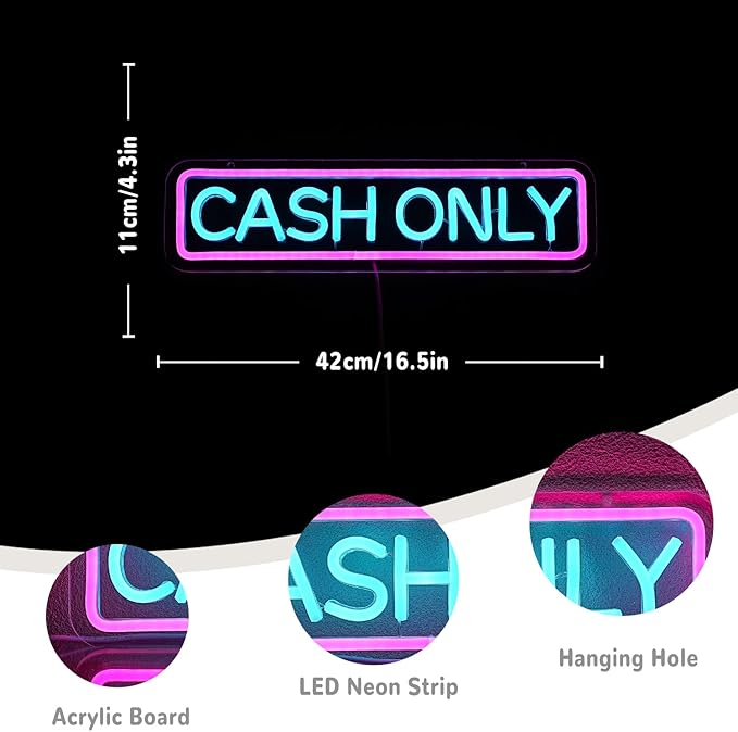 Cash Only Neon Sign For Business Letter Neon Light Signs For Wall Decor LED Neon Lights USB Power For Hotel Pub Cafe Recreation Room